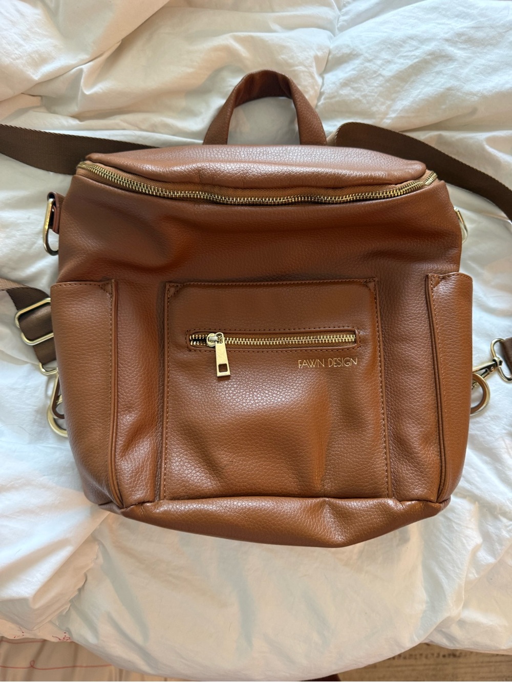 FAWN DESIGN Tan Brown Leather Backpack with Gold Hardware